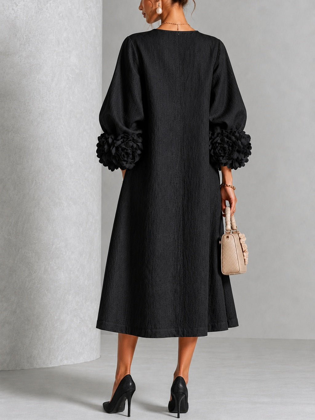 Felicity - Textured Floral Sleeve Midi Dress
