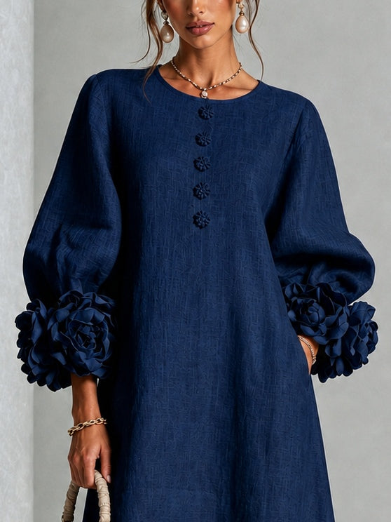 Vivienne - Navy Floral-Cuff Midi Dress