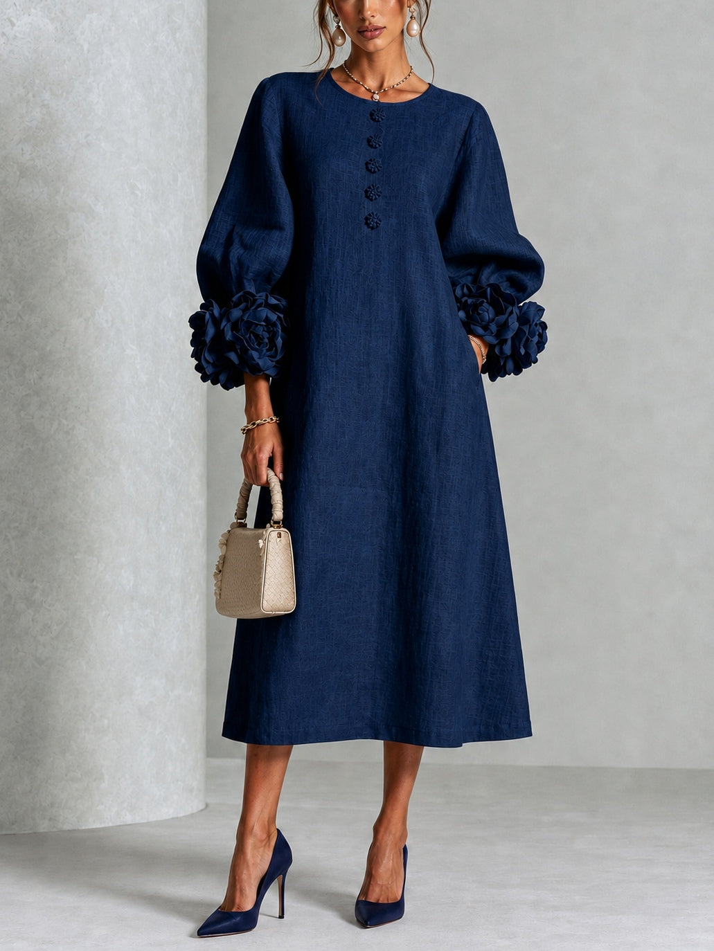 Vivienne - Navy Floral-Cuff Midi Dress