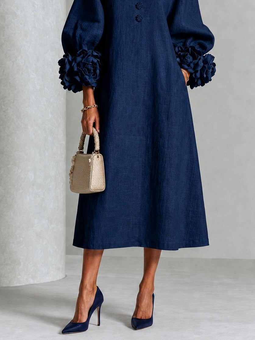 Vivienne - Navy Floral-Cuff Midi Dress