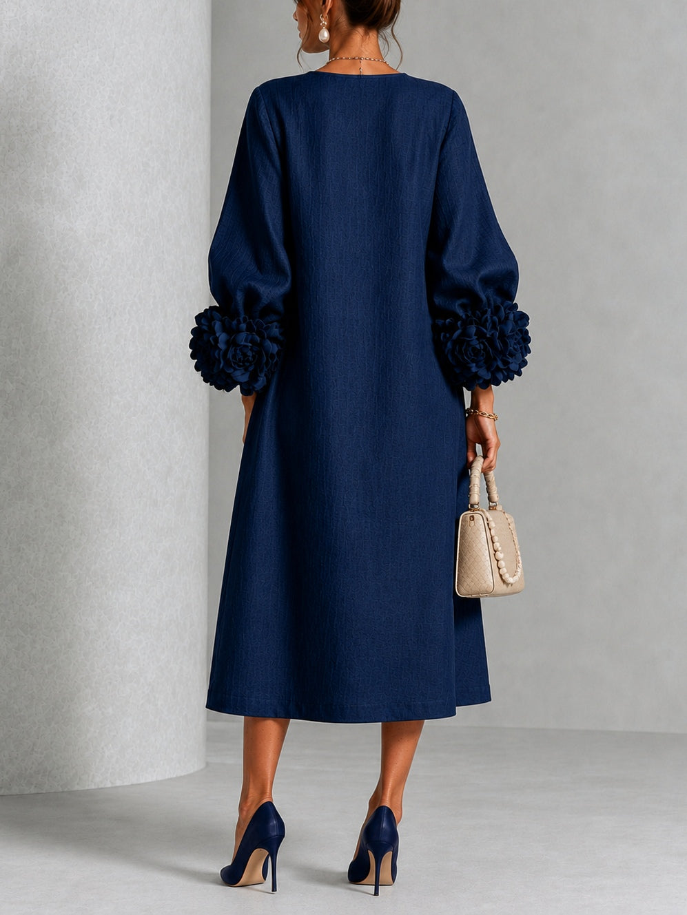Vivienne - Navy Floral-Cuff Midi Dress