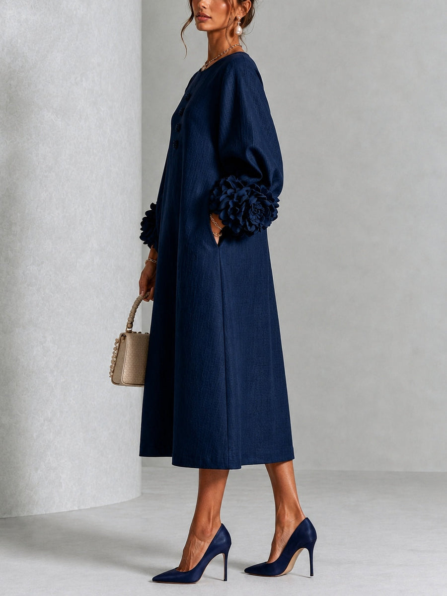 Vivienne - Navy Floral-Cuff Midi Dress