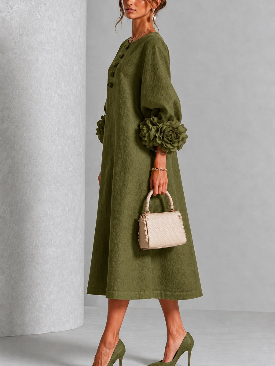 Cordelia - Olive Floral Cuff Midi Dress