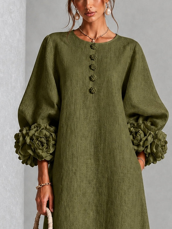 Cordelia - Olive Floral Cuff Midi Dress