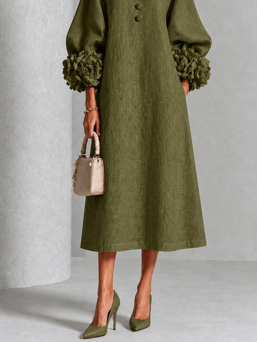 Cordelia - Olive Floral Cuff Midi Dress