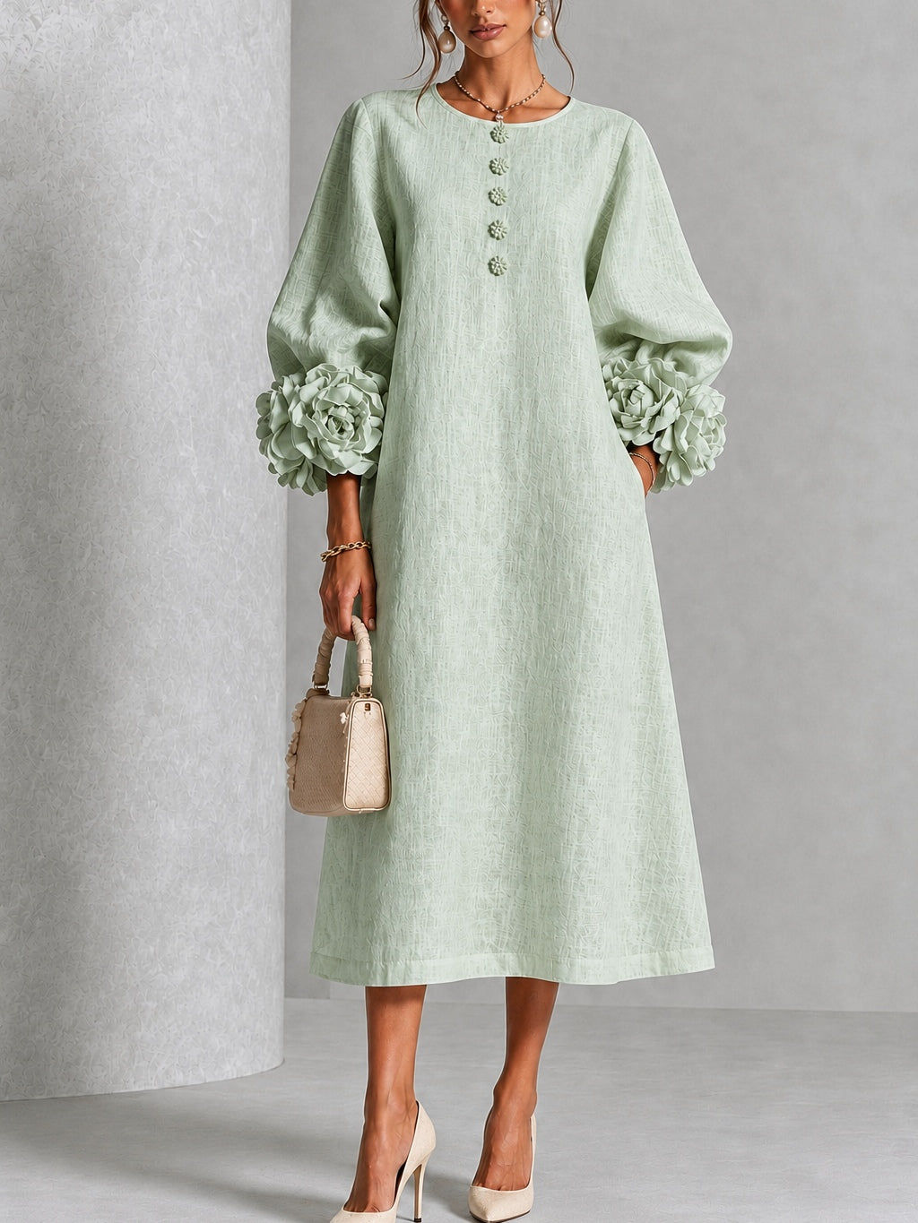 Seren - Sage Floral Cuff Midi Dress