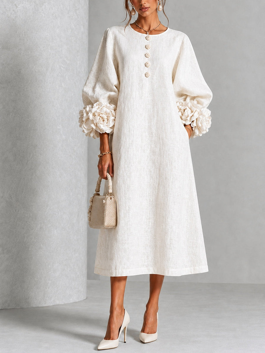 Genevieve - Textured Floral Cuff Midi Dress