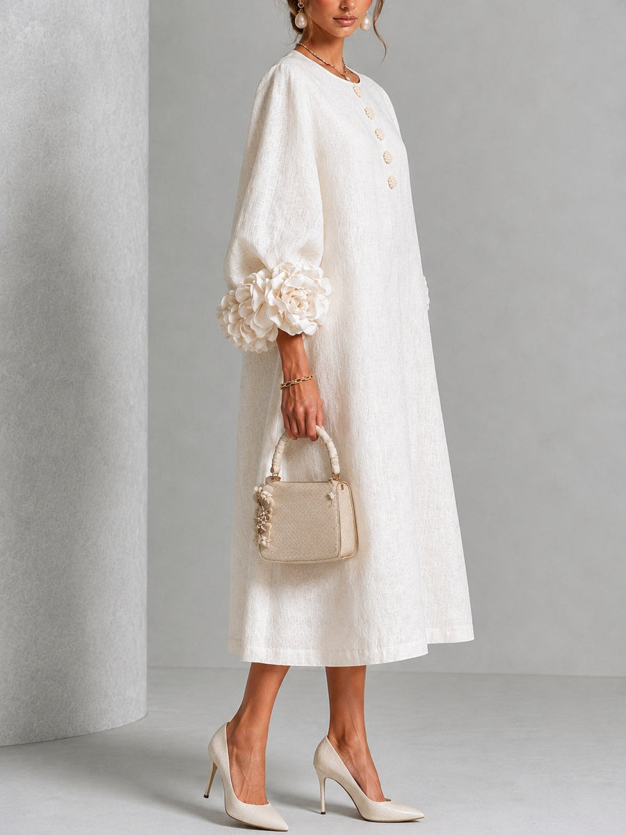 Genevieve - Textured Floral Cuff Midi Dress
