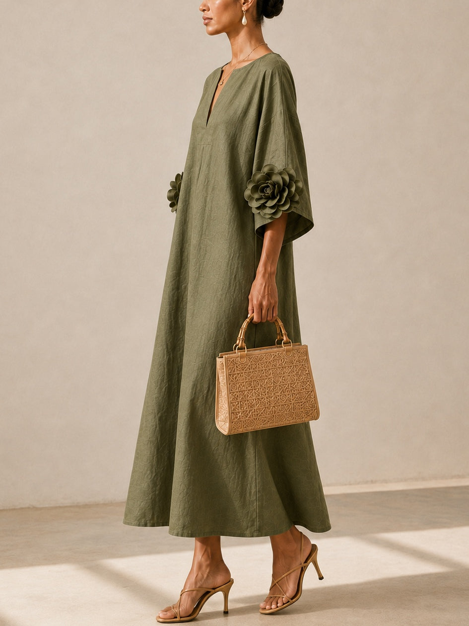 Fern - Olive Floral Sleeve Kaftan Dress