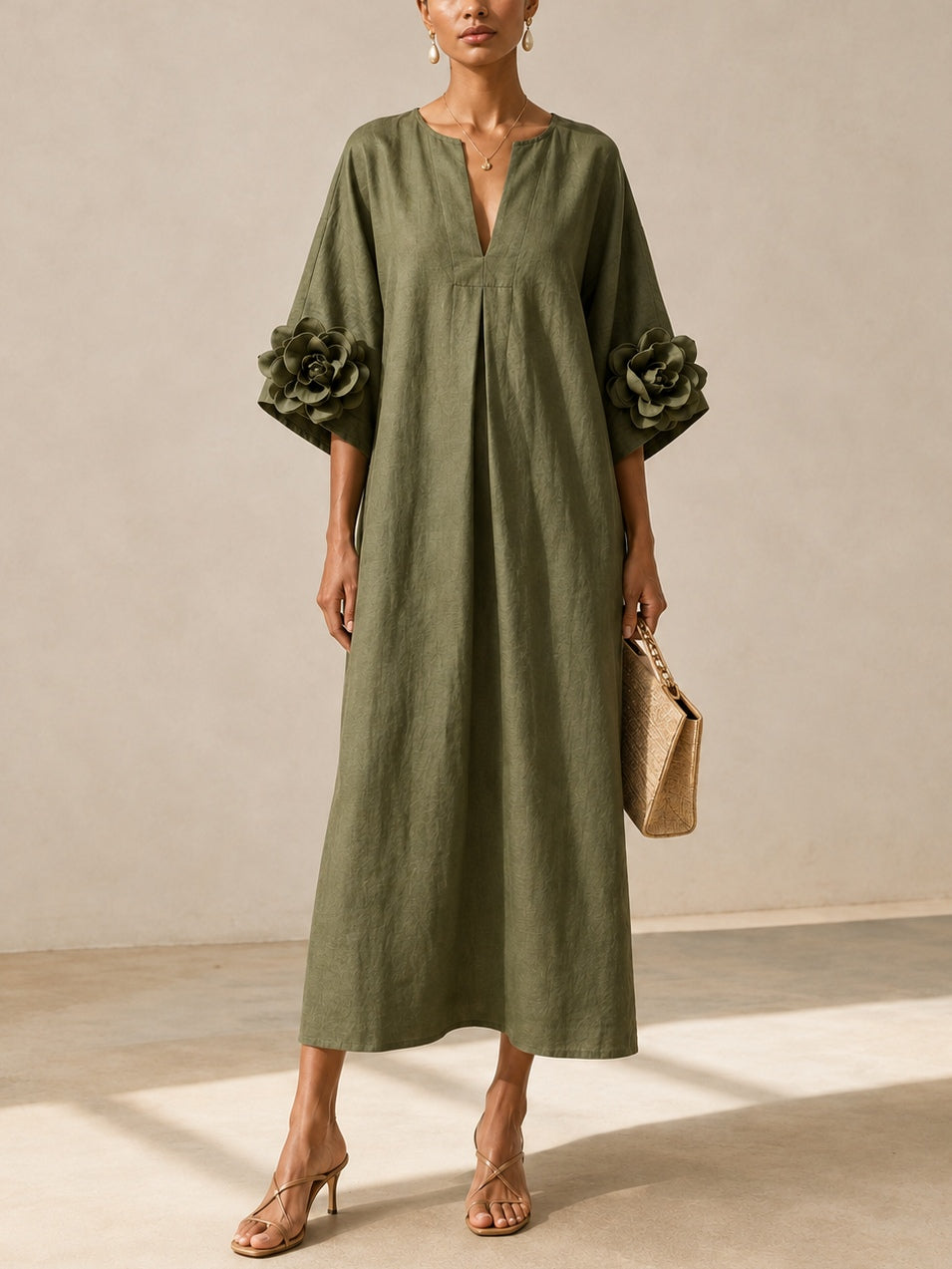 Fern - Olive Floral Sleeve Kaftan Dress