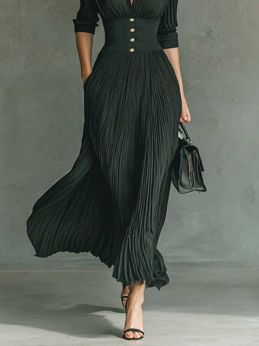 Vivienne - Pleated Collared Maxi Dress