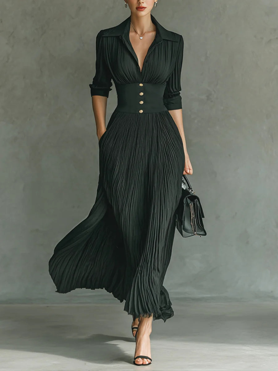 Vivienne - Pleated Collared Maxi Dress
