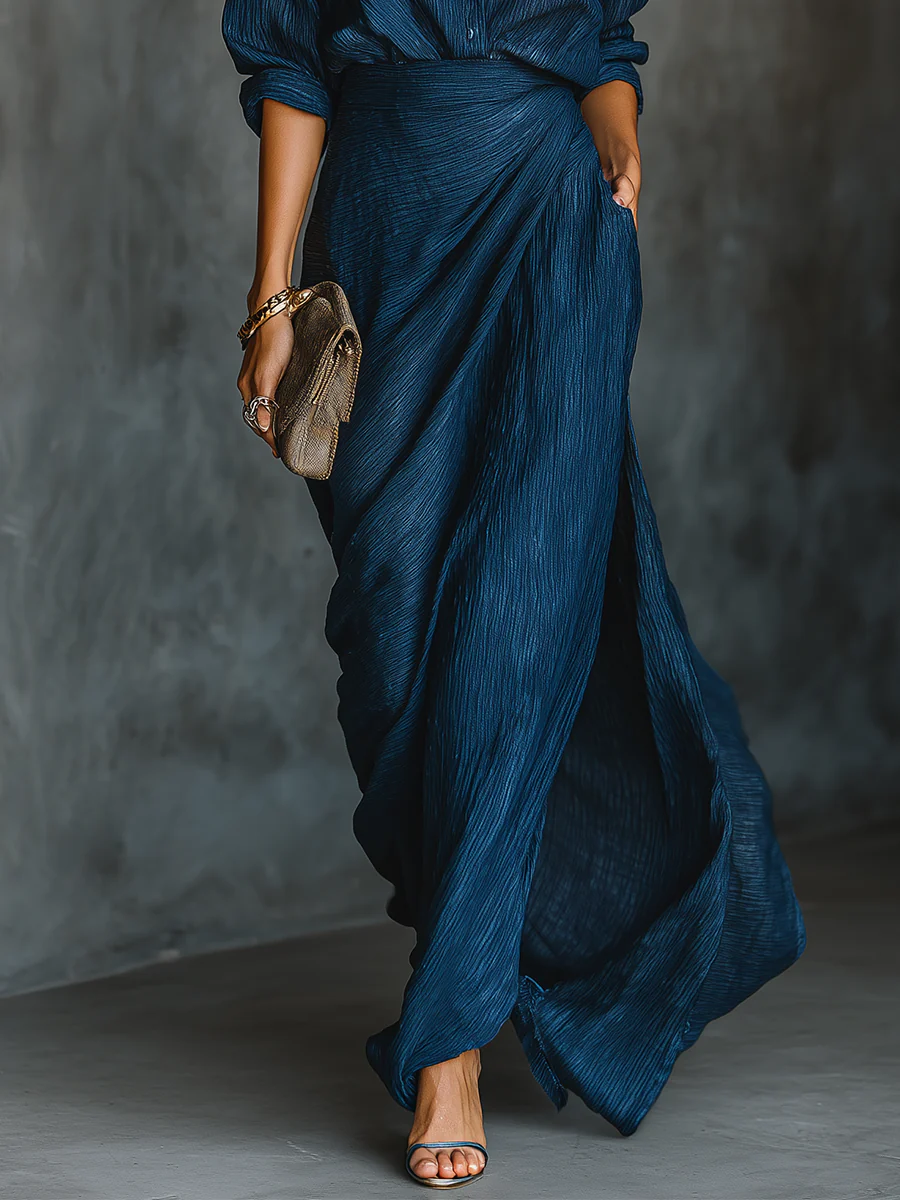 Helena - Crinkle Texture Shirt and Maxi Skirt Set