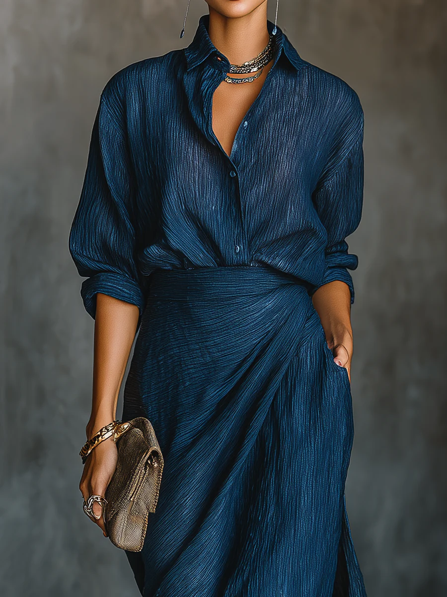 Helena - Crinkle Texture Shirt and Maxi Skirt Set