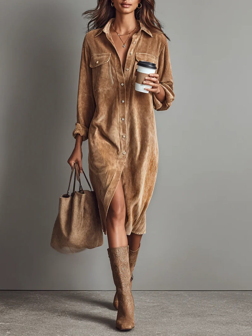 Flora - Ribbed Corduroy-Effect Shirt Dress