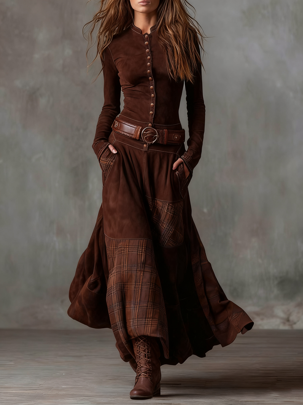 Margot - Faux Suede Patchwork Maxi Dress