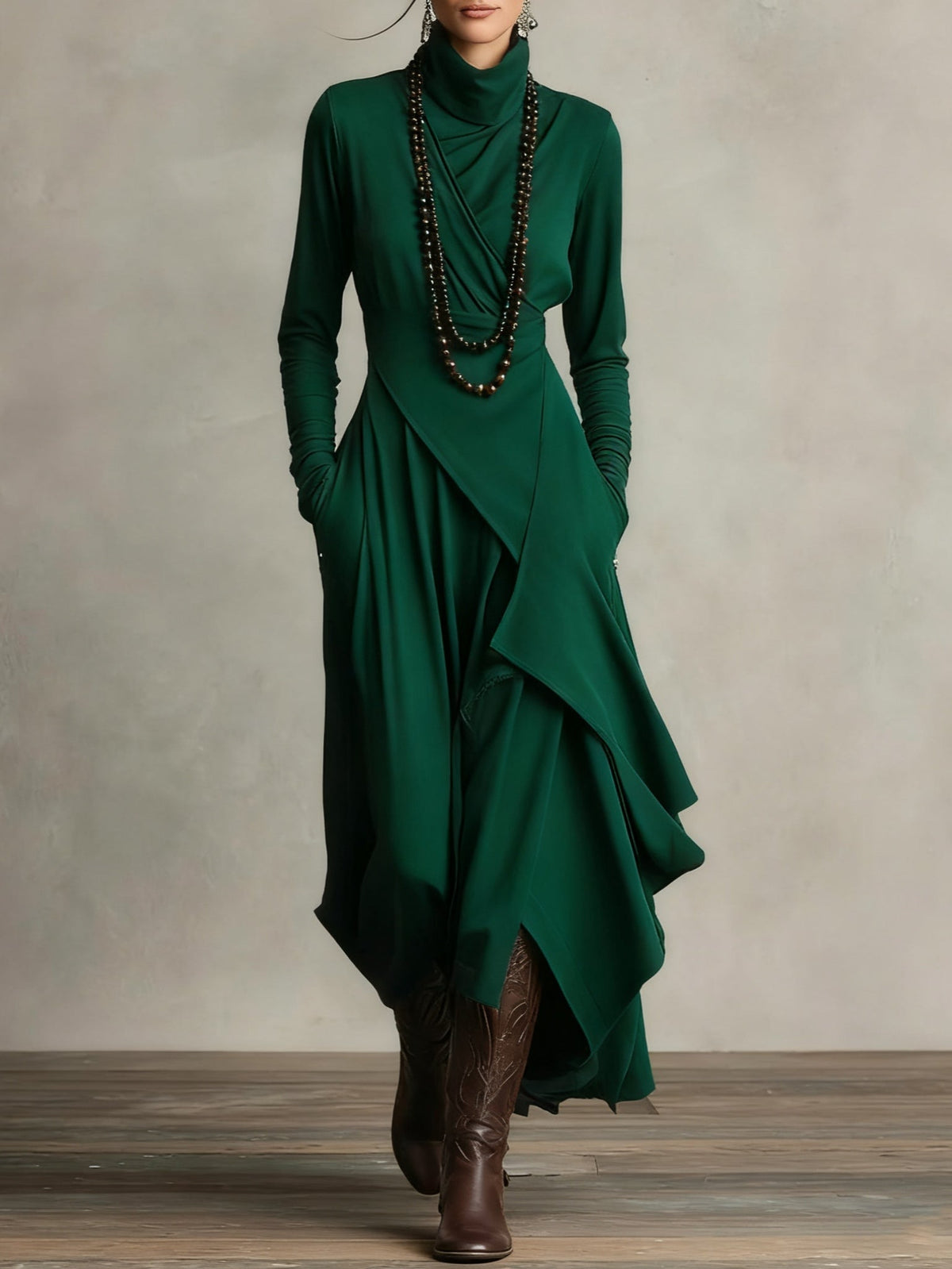 Octavia - Asymmetric Draped Polo Neck Maxi Dress