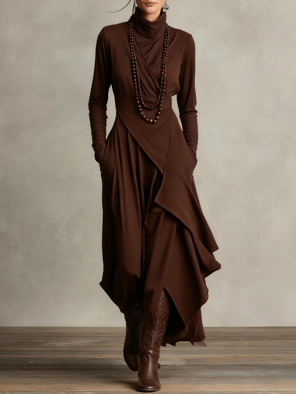 Octavia - Asymmetric Draped Polo Neck Maxi Dress