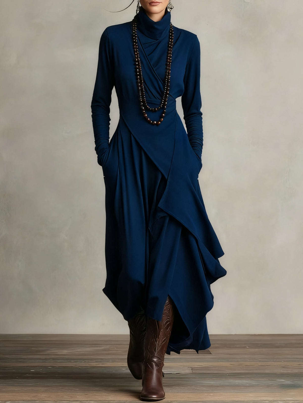 Octavia - Asymmetric Draped Polo Neck Maxi Dress