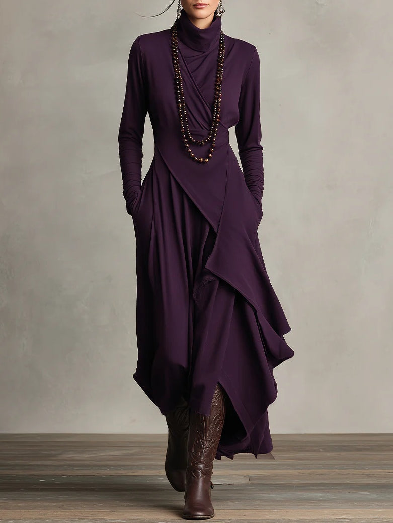 Octavia - Asymmetric Draped Polo Neck Maxi Dress