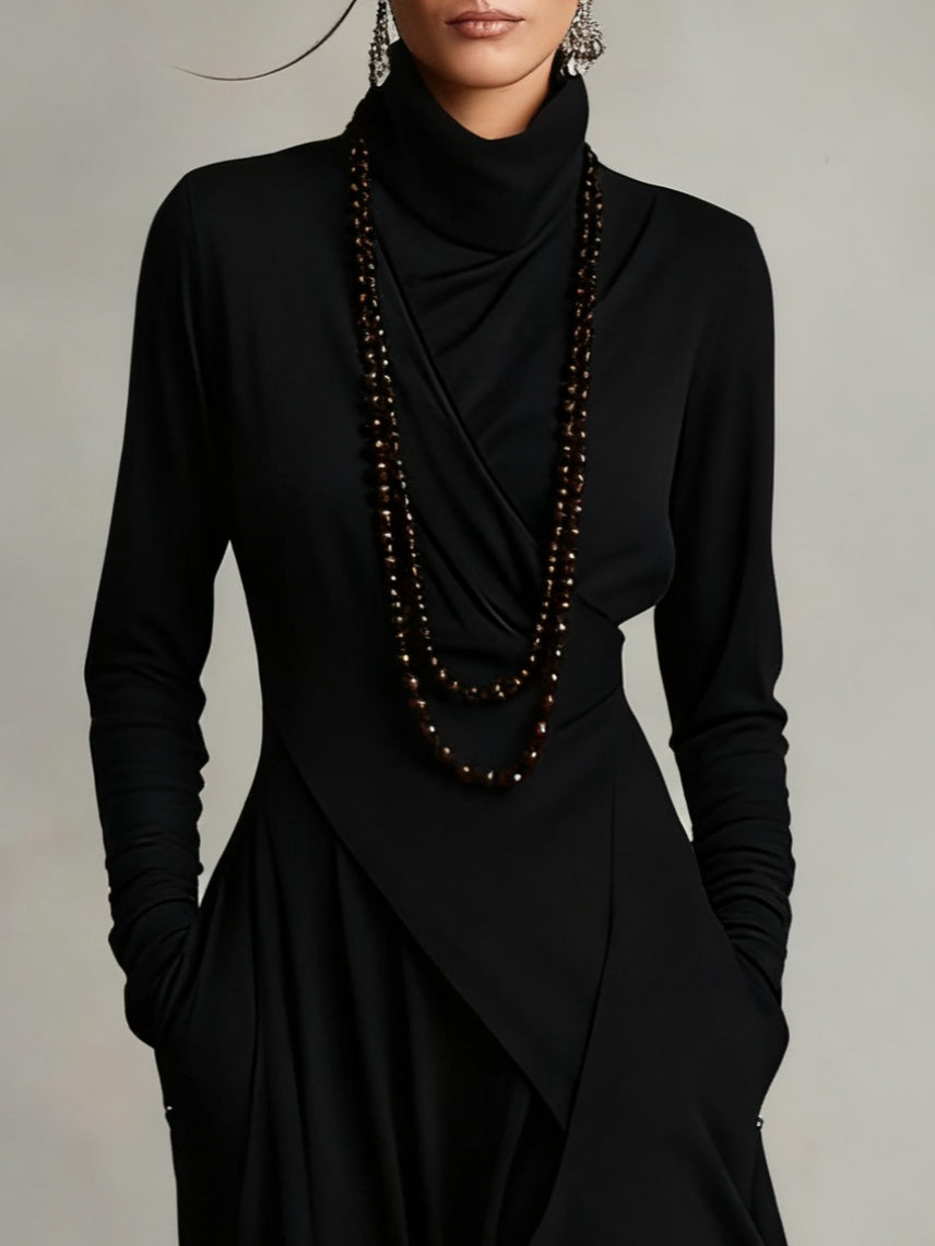 Octavia - Asymmetric Draped Polo Neck Maxi Dress