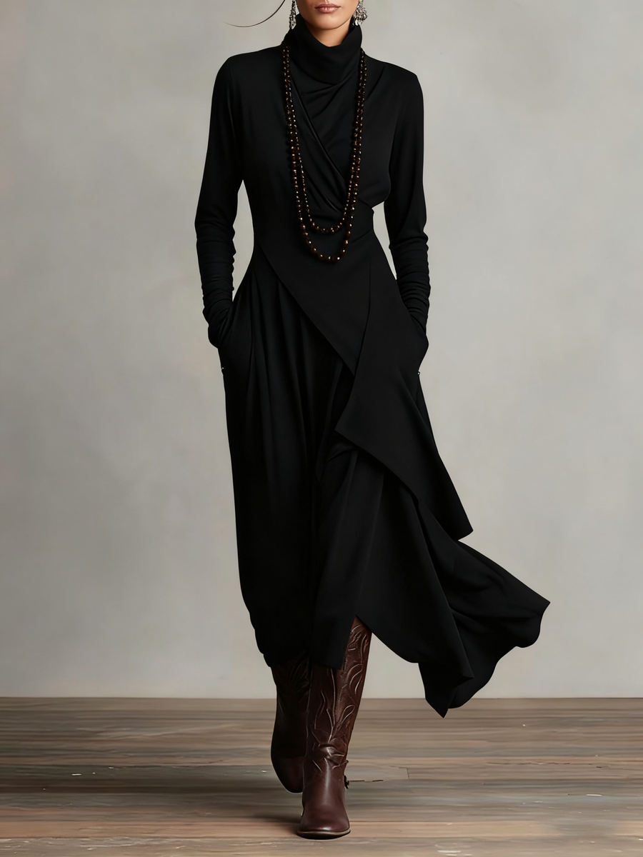 Octavia - Asymmetric Draped Polo Neck Maxi Dress