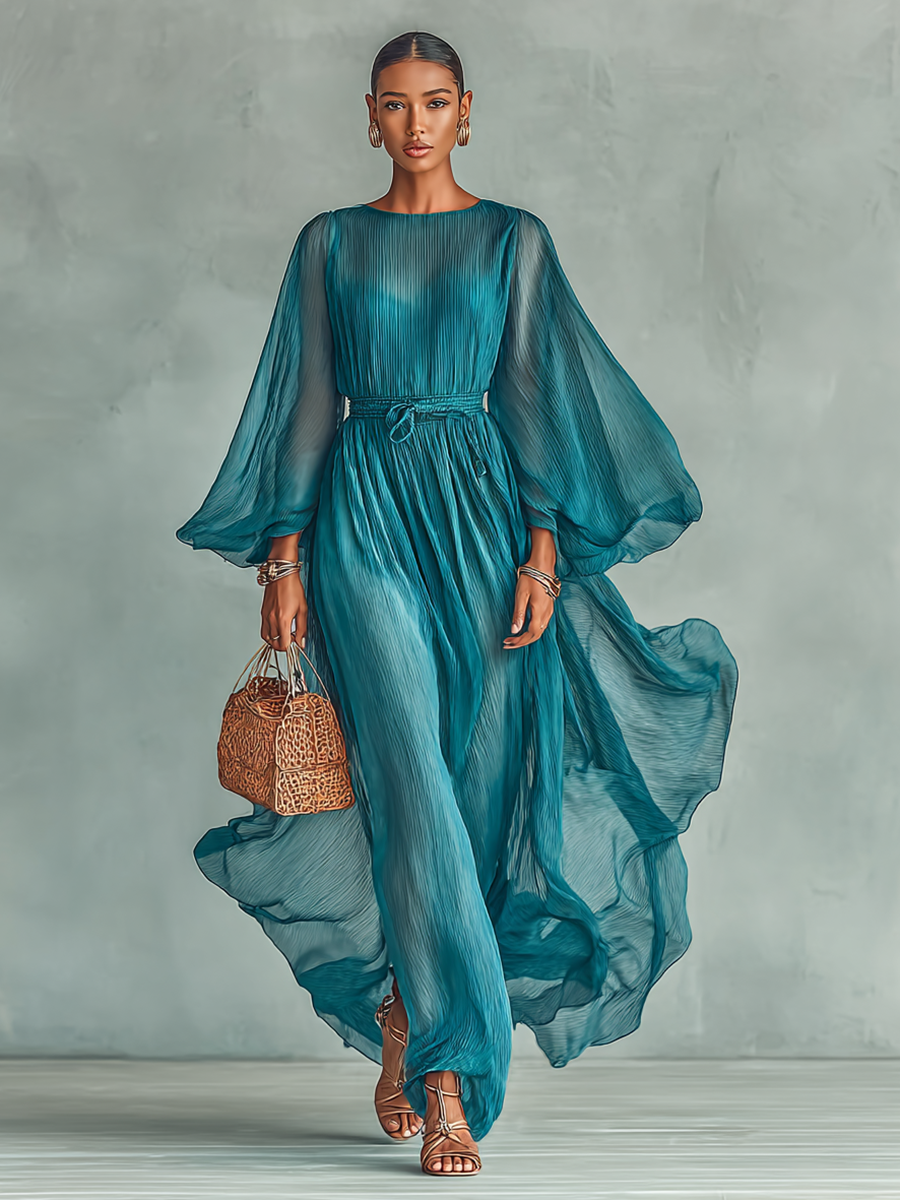 Seren - Pleated Maxi Dress With Sheer Balloon Sleeves