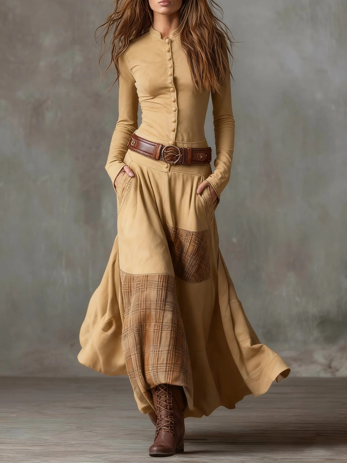 Margot - Faux Suede Patchwork Maxi Dress