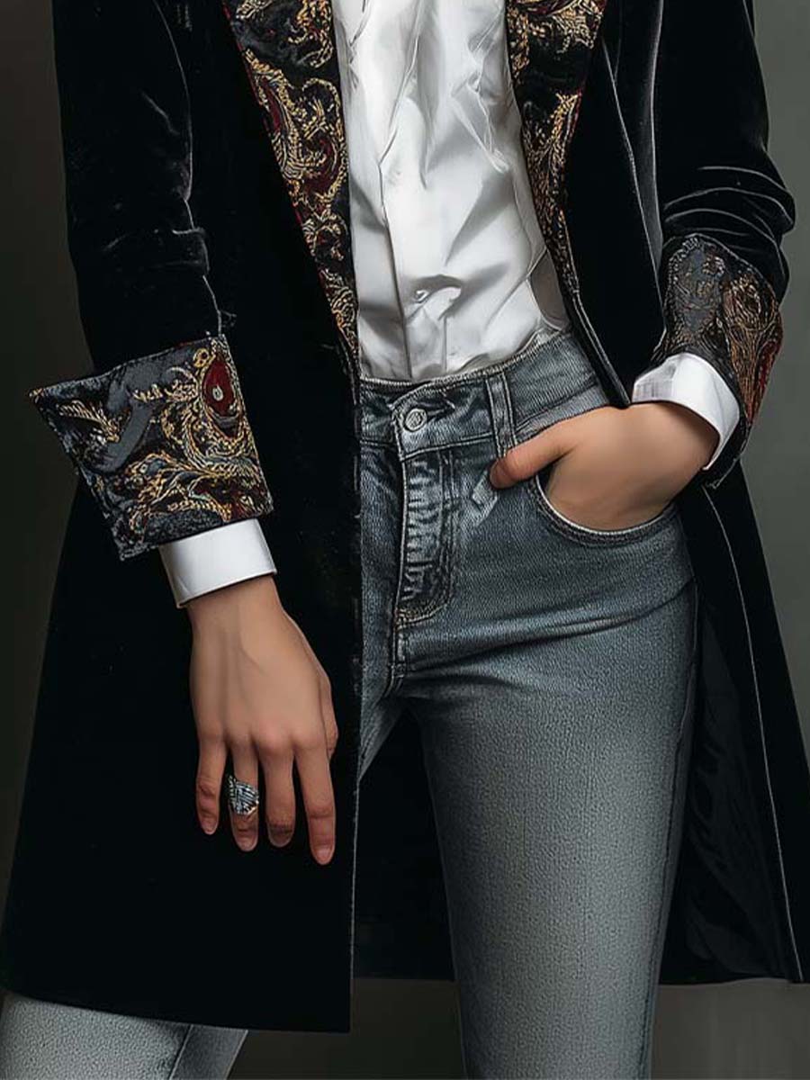 Penelope - Longline Baroque Trim Velvet Blazer