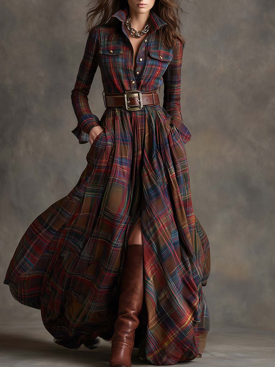 Isabella - Tartan Check Belted Maxi Shirt Dress