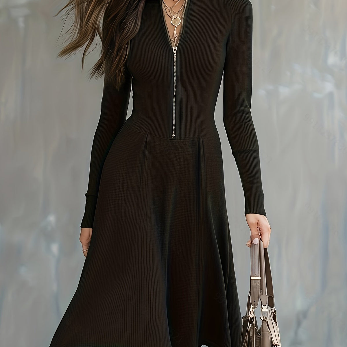 Felicity - Ribbed Knit Zip-Front Midi Dress