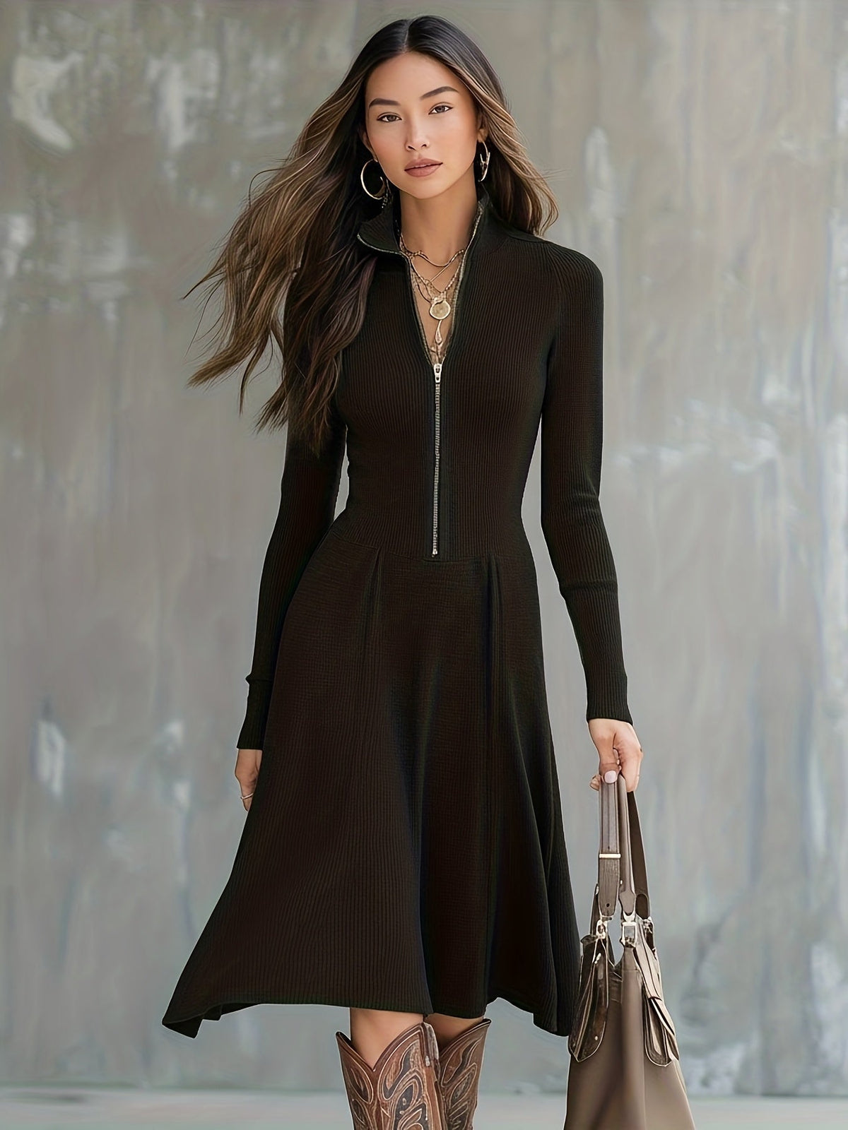 Felicity - Ribbed Knit Zip-Front Midi Dress