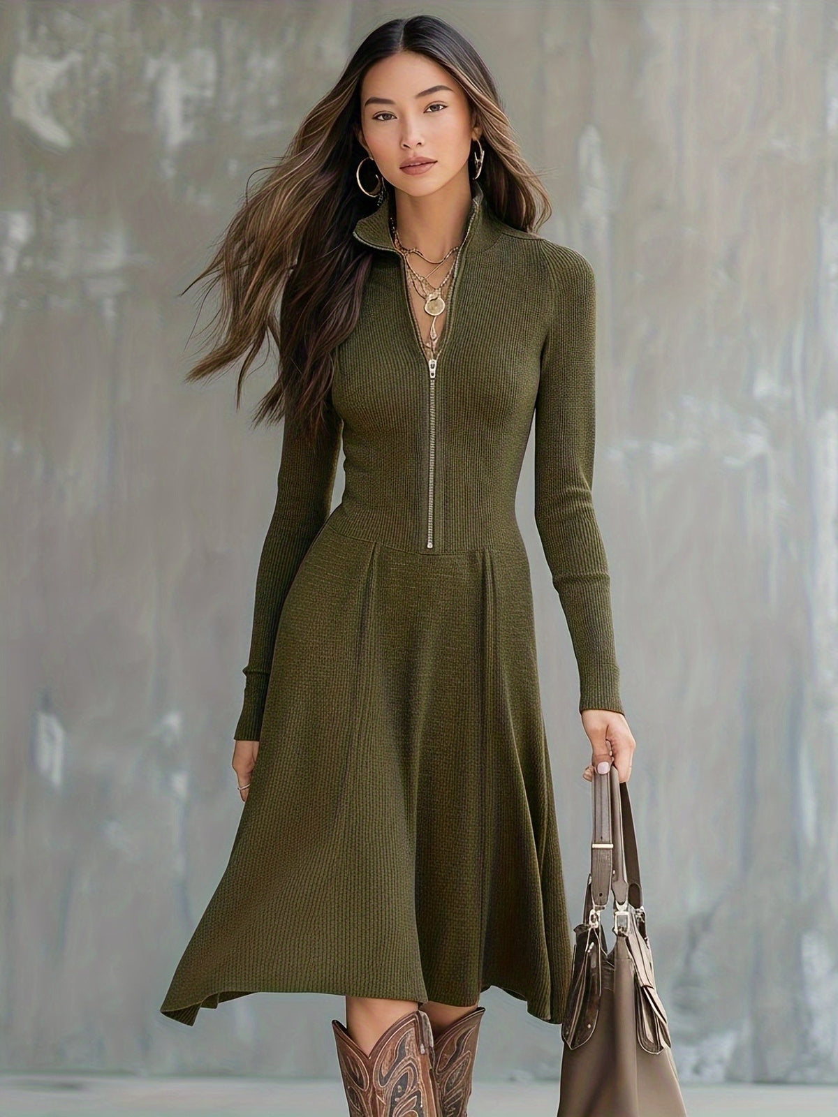 Felicity - Ribbed Knit Zip-Front Midi Dress