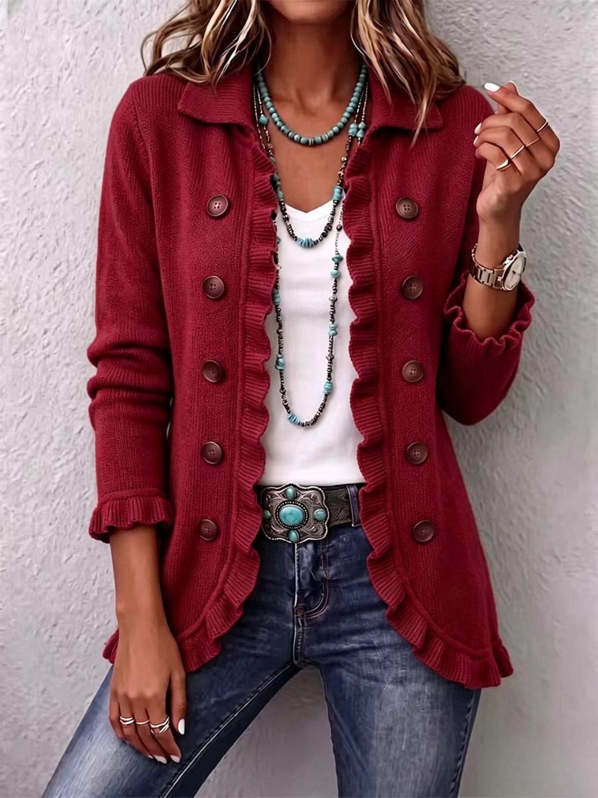 Daphne - Ruffled Button-Front Knit Cardigan