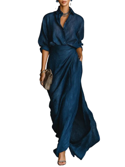 Helena - Crinkle Texture Shirt and Maxi Skirt Set