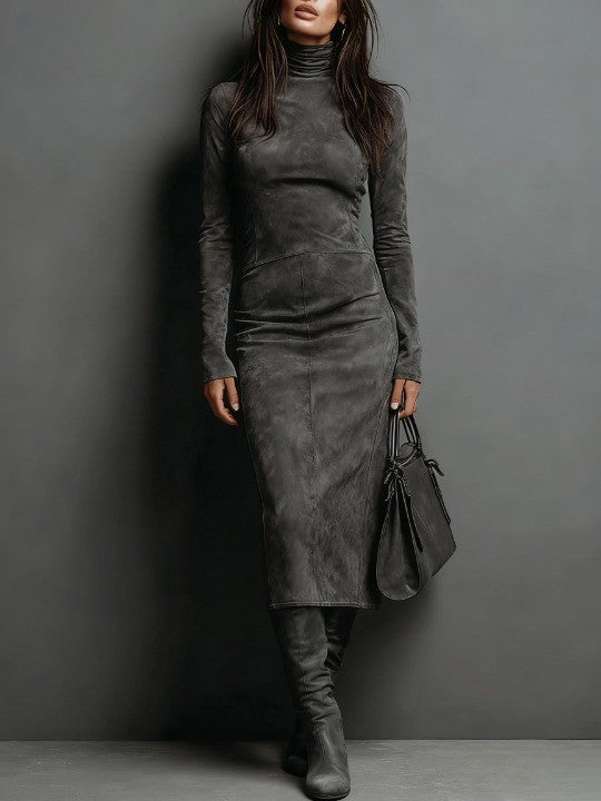 Rosamund - Faux Suede High Neck Midi Dress