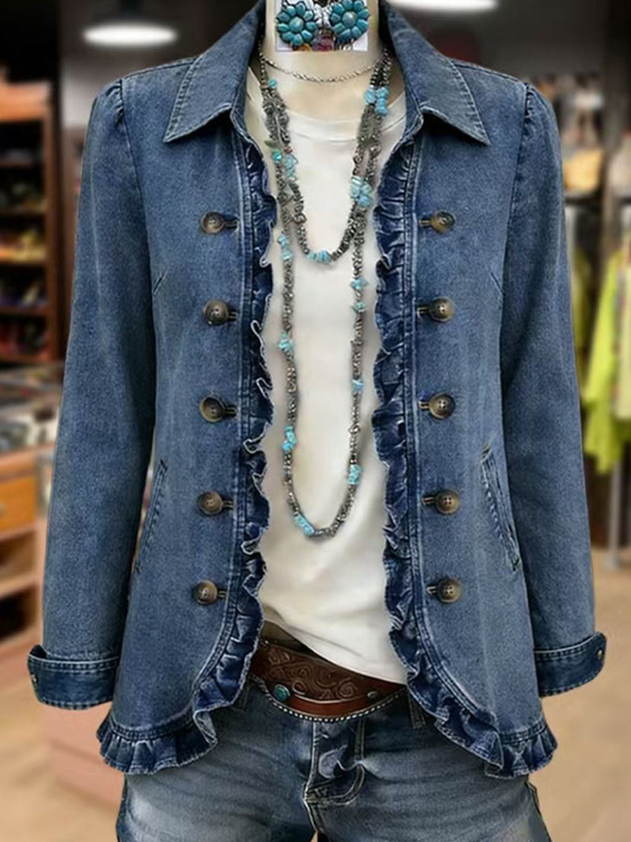 Saskia - Ruffle Trim Washed Blue Jacket