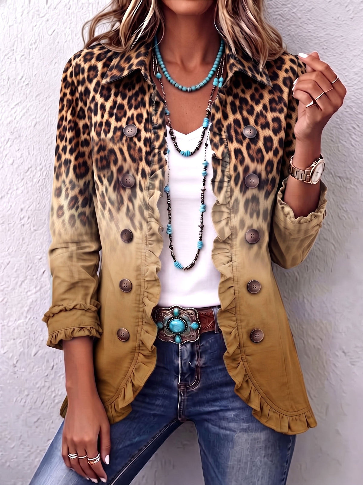 Arabella - Leopard Print Ruffle Trim Jacket