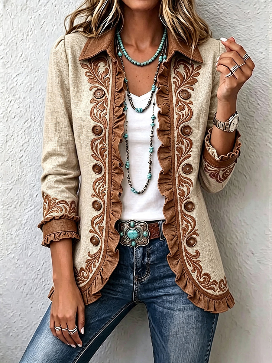 Seren - Embroidered Ruffle Open-Front Jacket