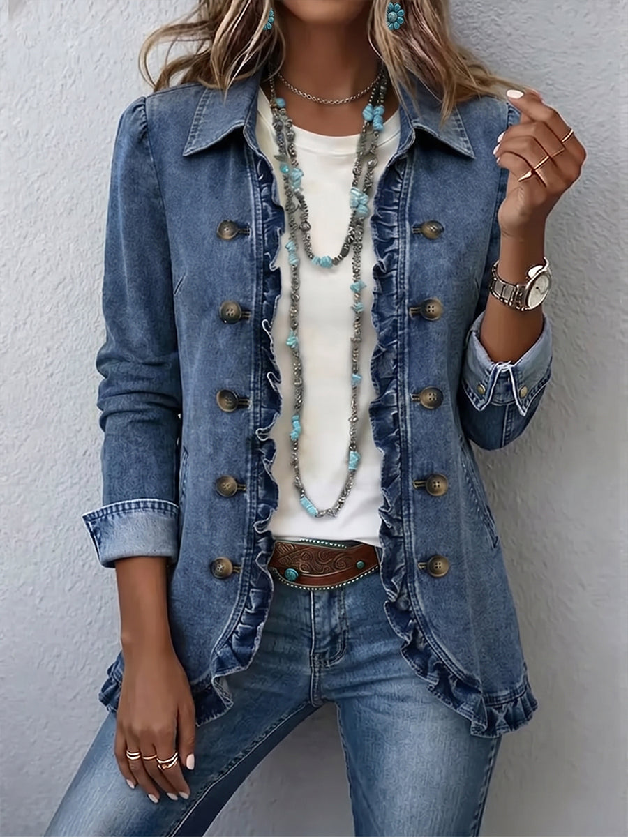 Saskia - Ruffle Trim Washed Blue Jacket