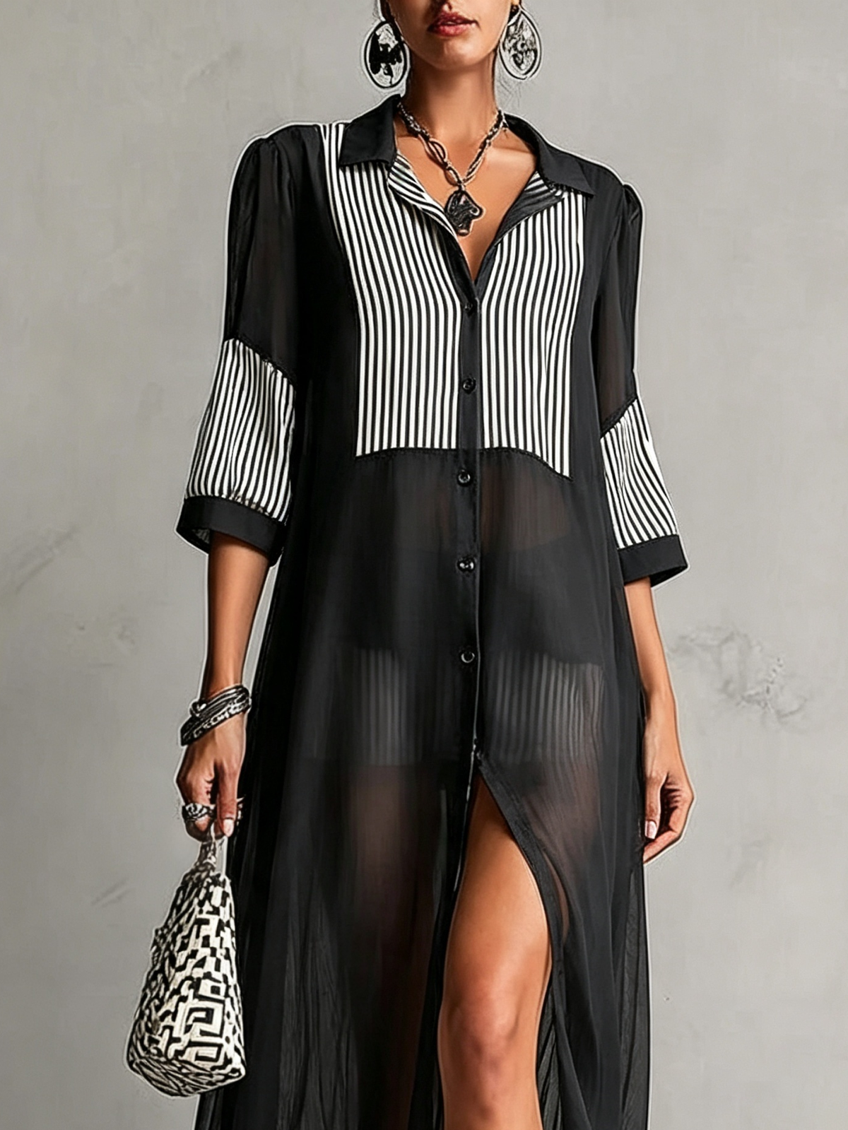 Niamh - Striped Panel Sheer Shirt Dress